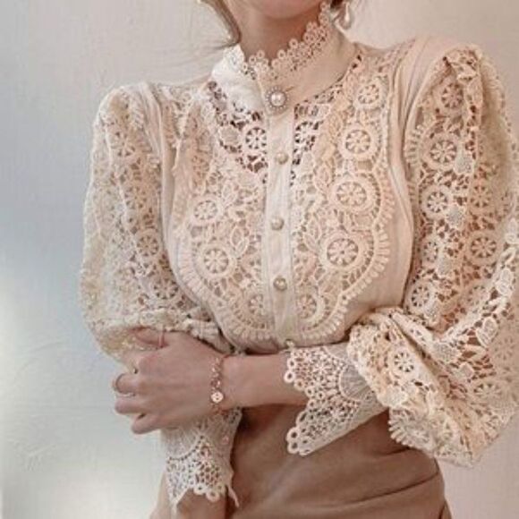 NEW Lace Trim Victorian Button Down Blouse - Picture 6 of 8